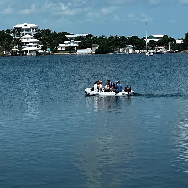 Approaching the settlement at Man-O-War Cay's Eastern Harbour by dinghy