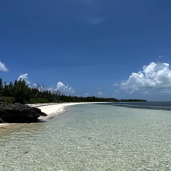 The long curved white-sand beach at Sandy Point, southwest Great Abaco