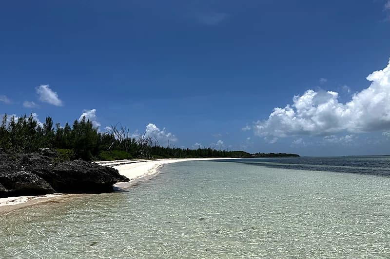 Long curved white-sand beach at Sandy Point, southwest Great Abaco