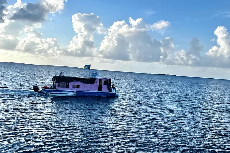 The Thirsty Cuda floating bar at Tahiti Beach sandbar, south end of Elbow Cay