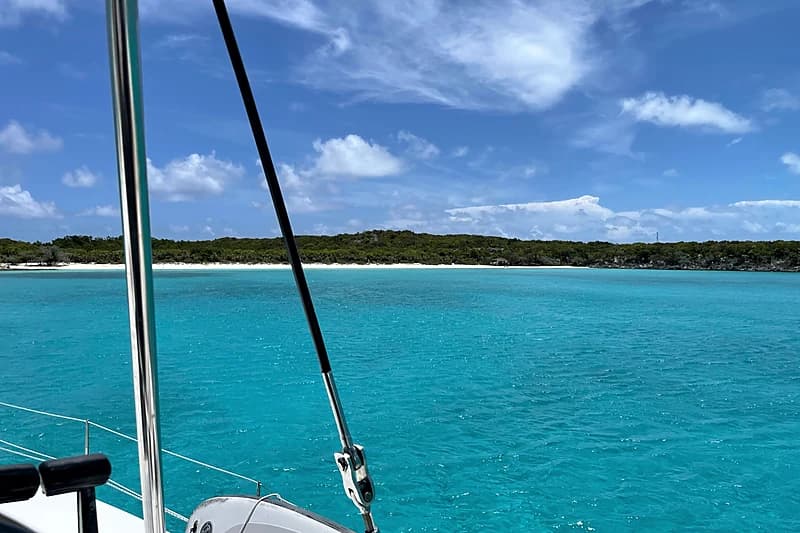 Approaching a turquoise Exumas anchorage at midday